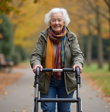 Femme senior souriante utilisant un rollator en parc automnal