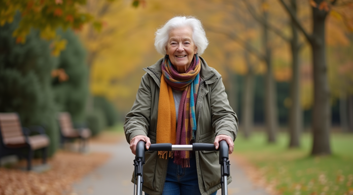 Déambulateur d’extérieur vs déambulateur d’intérieur : différence et usages Femme senior souriante utilisant un rollator en parc automnal