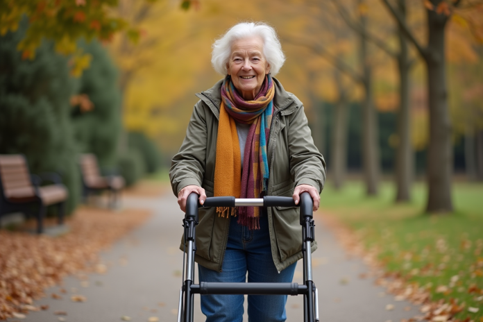 femme-senior-rollator-parc Femme senior souriante utilisant un rollator en parc automnal
