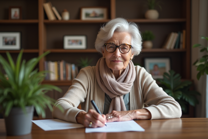 Femme senior élégante signant un document dans un salon chaleureux