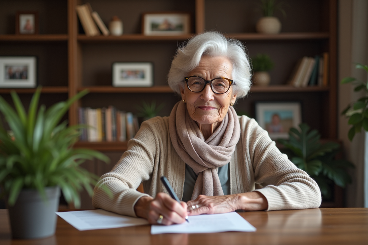Femme senior élégante signant un document dans un salon chaleureux