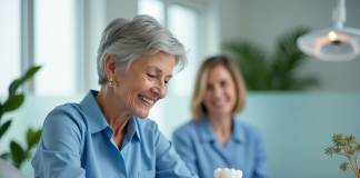 Femme senior souriante tenant un modele dentaire dans un cabinet