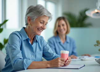 Les prothèses dentaires confortables : comment les choisir ? Femme senior souriante tenant un modele dentaire dans un cabinet