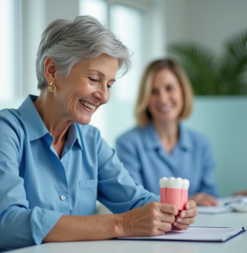 Les prothèses dentaires confortables : comment les choisir ? Femme senior souriante tenant un modele dentaire dans un cabinet
