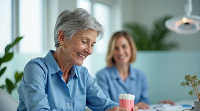 Les prothèses dentaires confortables : comment les choisir ? Femme senior souriante tenant un modele dentaire dans un cabinet