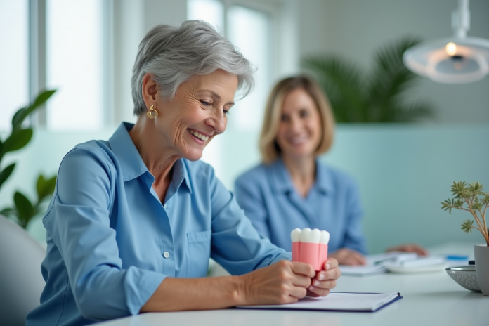 Femme senior souriante tenant un modele dentaire dans un cabinet