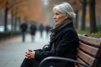 Femme assise seule sur un banc de parc en automne