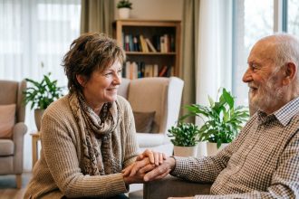 Femme aidant son père senior dans un salon chaleureux