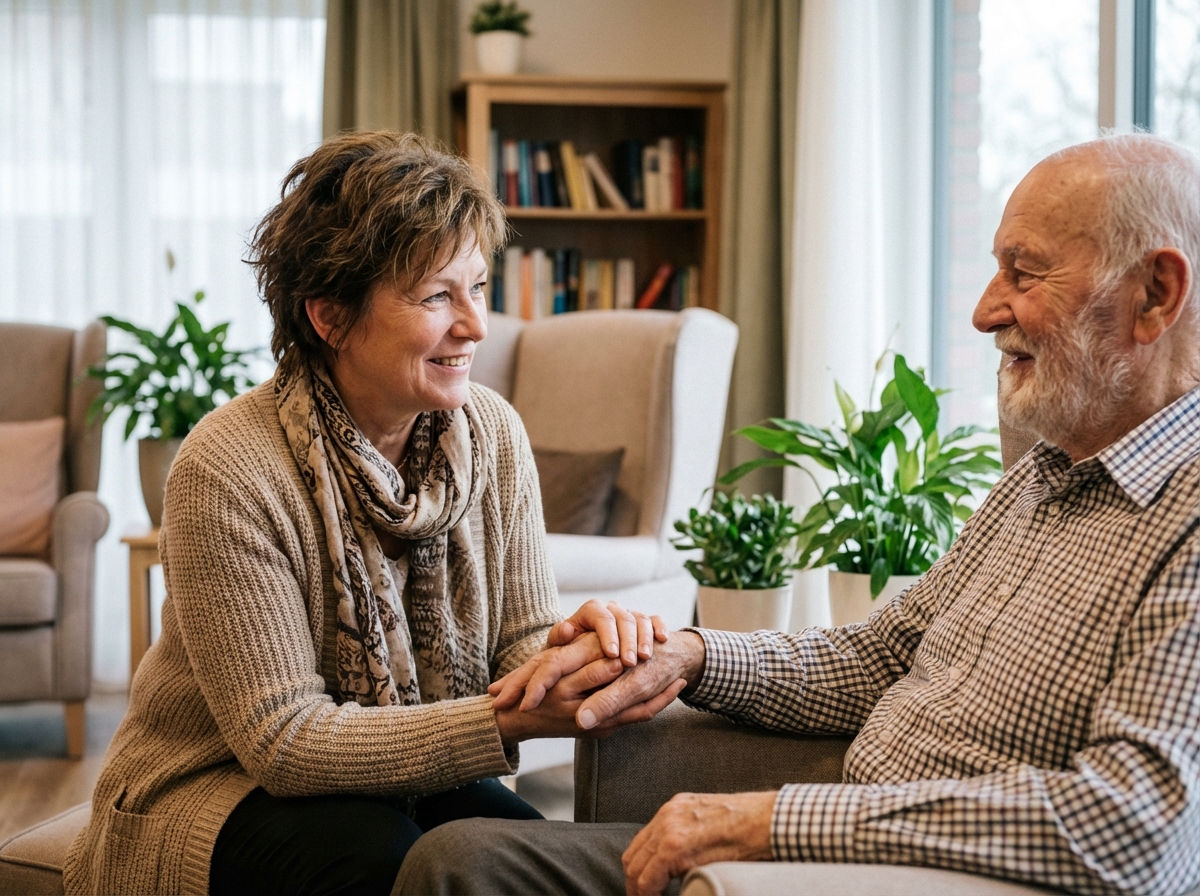 Femme aidant son père senior dans un salon chaleureux