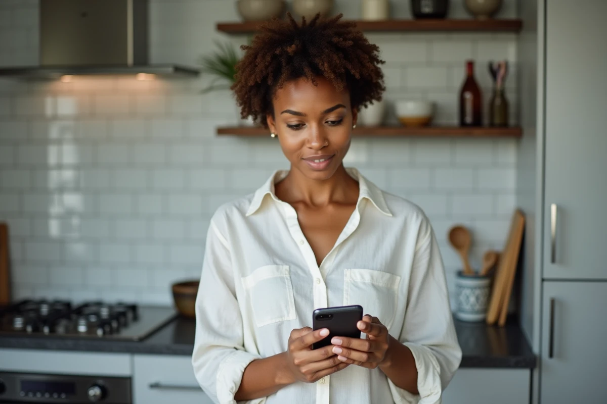 Femme tutrice consultant un guide numérique sur smartphone pour créer un compte éducatif en ligne