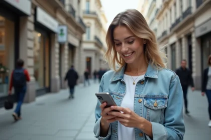 Femme urbaine souriante utilisant un smartphone moderne