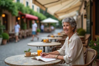 Femme âgée souriante écrivant des cartes postales en terrasse