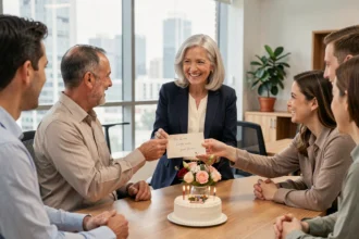 Collègues offrant une carte de vœux à une femme souriante lors d'une fête de départ à la retraite au bureau