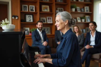 Collègues réunis autour d'un piano pour chanter lors d'une fête de départ en retraite dans un salon chaleureux