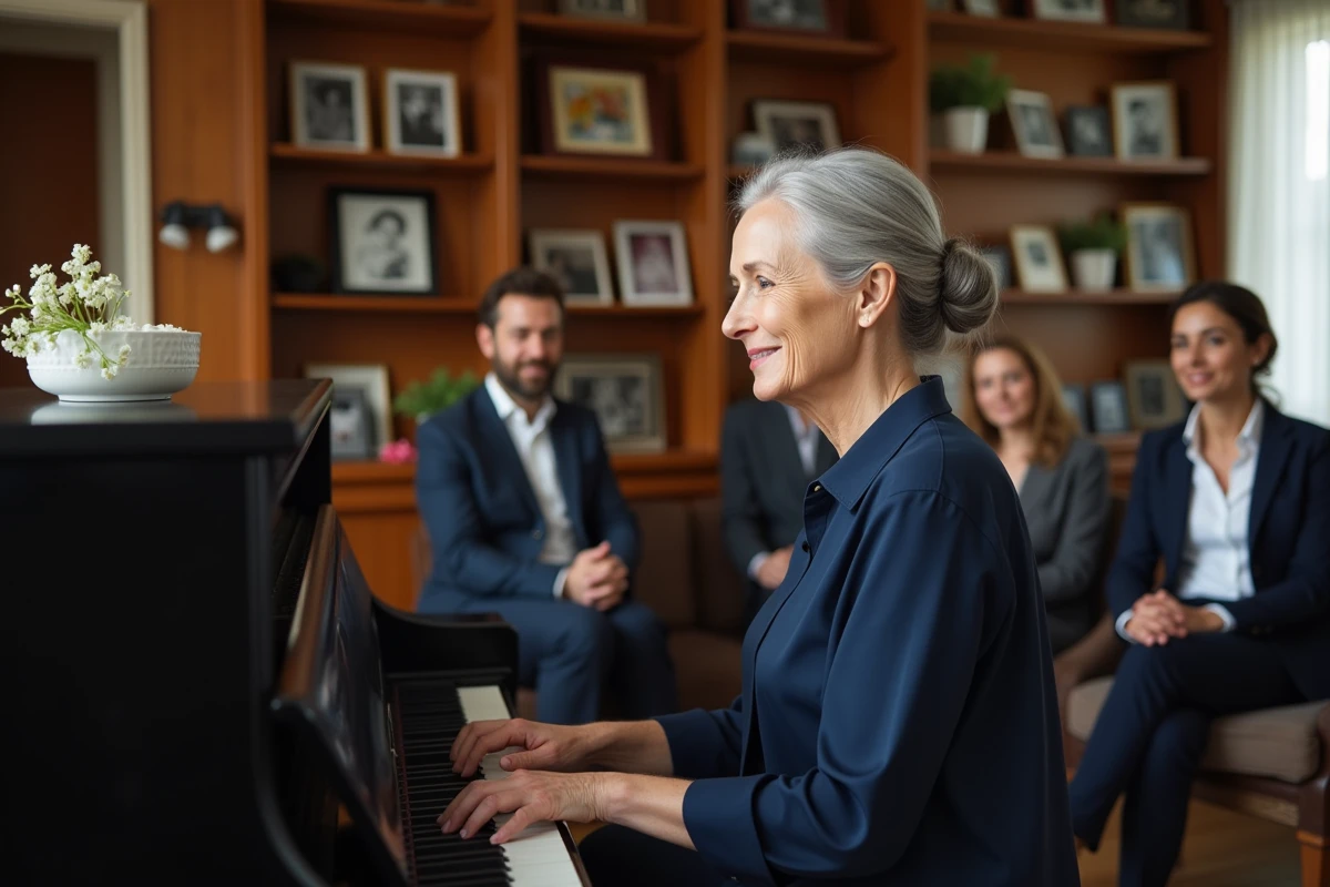 Collègues réunis autour d'un piano pour chanter lors d'une fête de départ en retraite dans un salon chaleureux