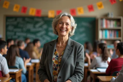 Professeure souriante célébrée par ses élèves et collègues lors d'une fête de départ à la retraite dans une salle de classe décorée