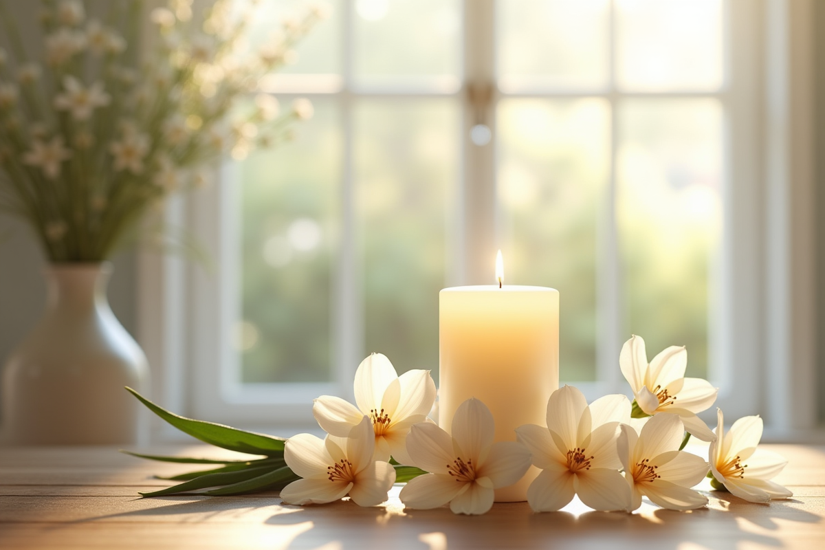 Arrangement floral avec bougie allumee dans un espace paisible