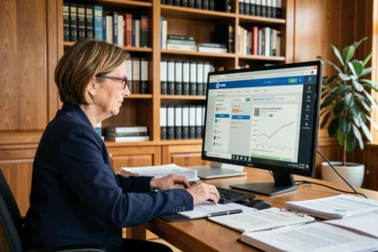 Professionnelle en droit gérant une tutelle sur un logiciel de gestion numérique dans un bureau moderne