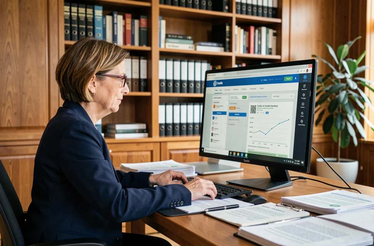 Professionnelle en droit gérant une tutelle sur un logiciel de gestion numérique dans un bureau moderne