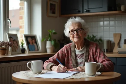 Grand-mere belge souriante lisant une lettre dans sa cuisine