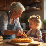 Grand-mere et enfant cuisinant des gaufres dans une cuisine chaleureuse