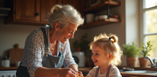 Grand-mere et enfant cuisinant des gaufres dans une cuisine chaleureuse