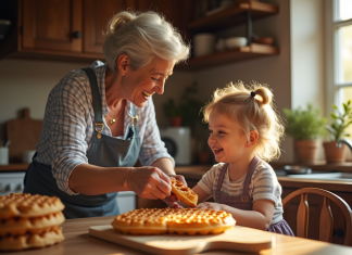 Grand-mere et enfant cuisinant des gaufres dans une cuisine chaleureuse