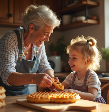 Grand-mere et enfant cuisinant des gaufres dans une cuisine chaleureuse