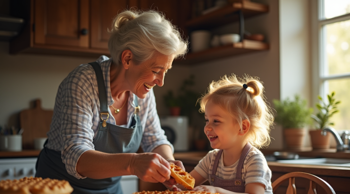 Grand-mere et enfant cuisinant des gaufres dans une cuisine chaleureuse