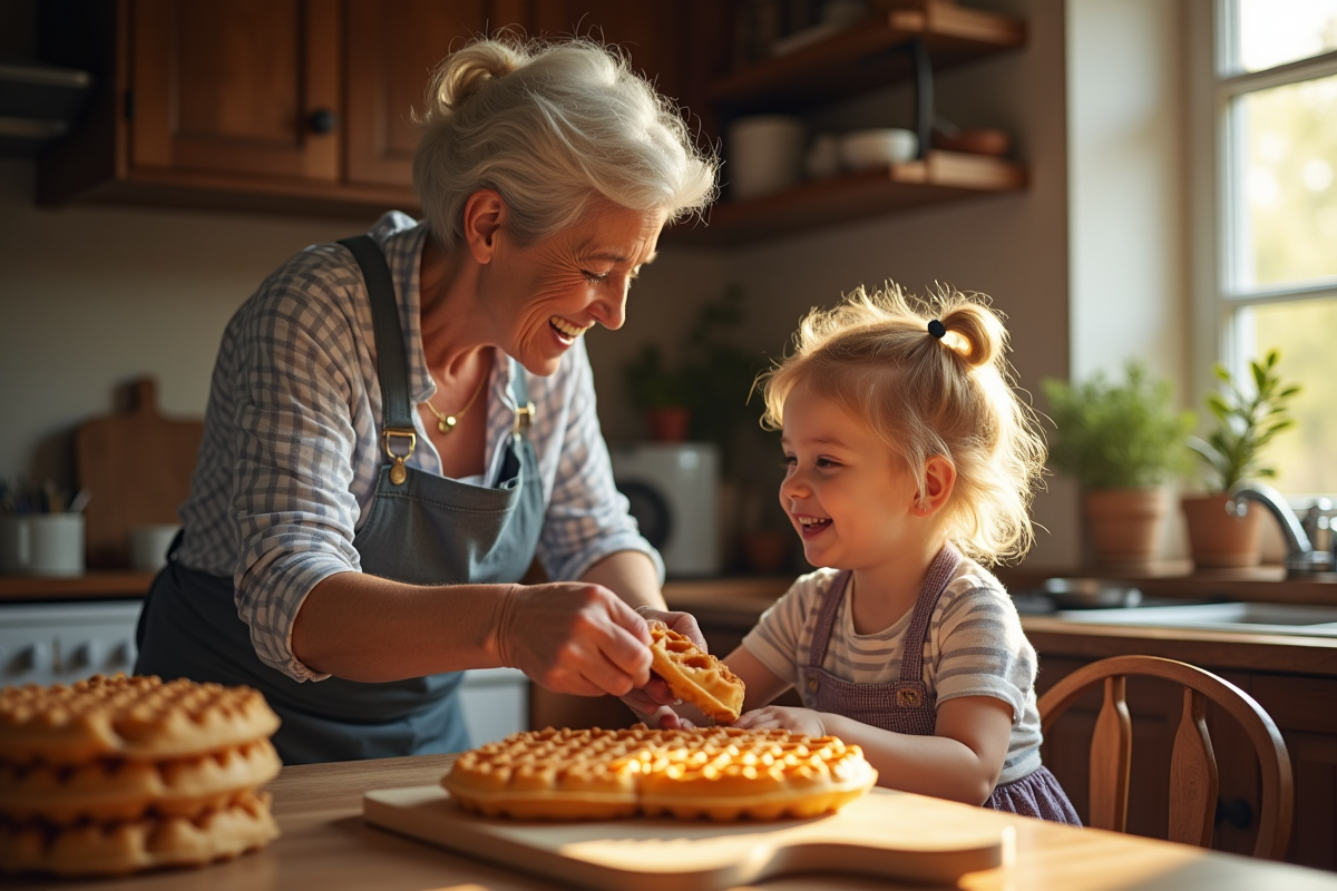 Grand-mere et enfant cuisinant des gaufres dans une cuisine chaleureuse