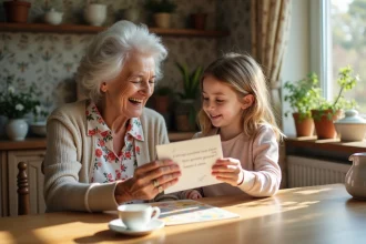 Sage femme âgée recevant une carte faite main par sa petite fille