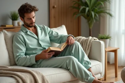 Homme adulte en grenouillère coton bio vert sauge, assis sur un canapé en lin dans un intérieur scandinave chaleureux