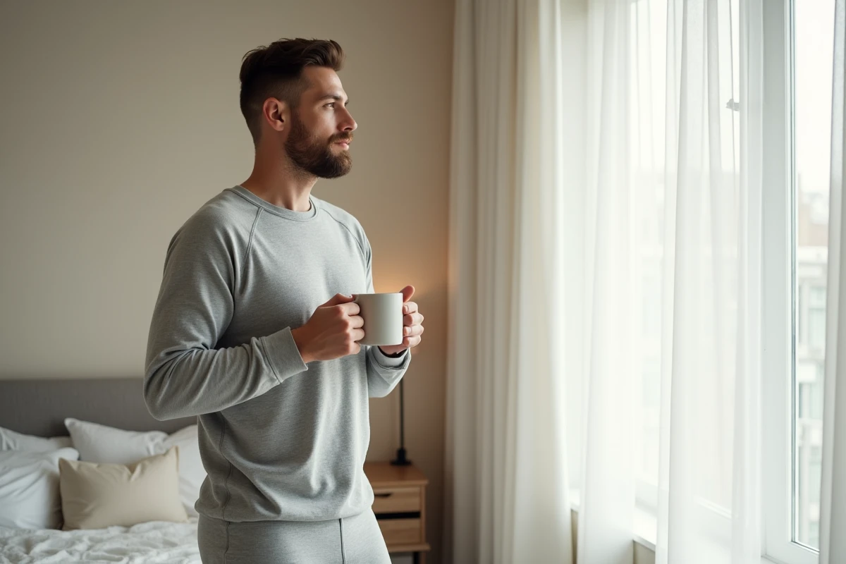 Homme en grenouillère adulte gris chiné en coton bio, tenant une tasse près d'une fenêtre dans une chambre minimaliste