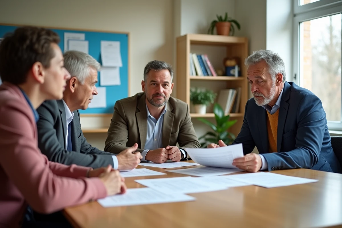 Groupe de trois personnes discutant autour d