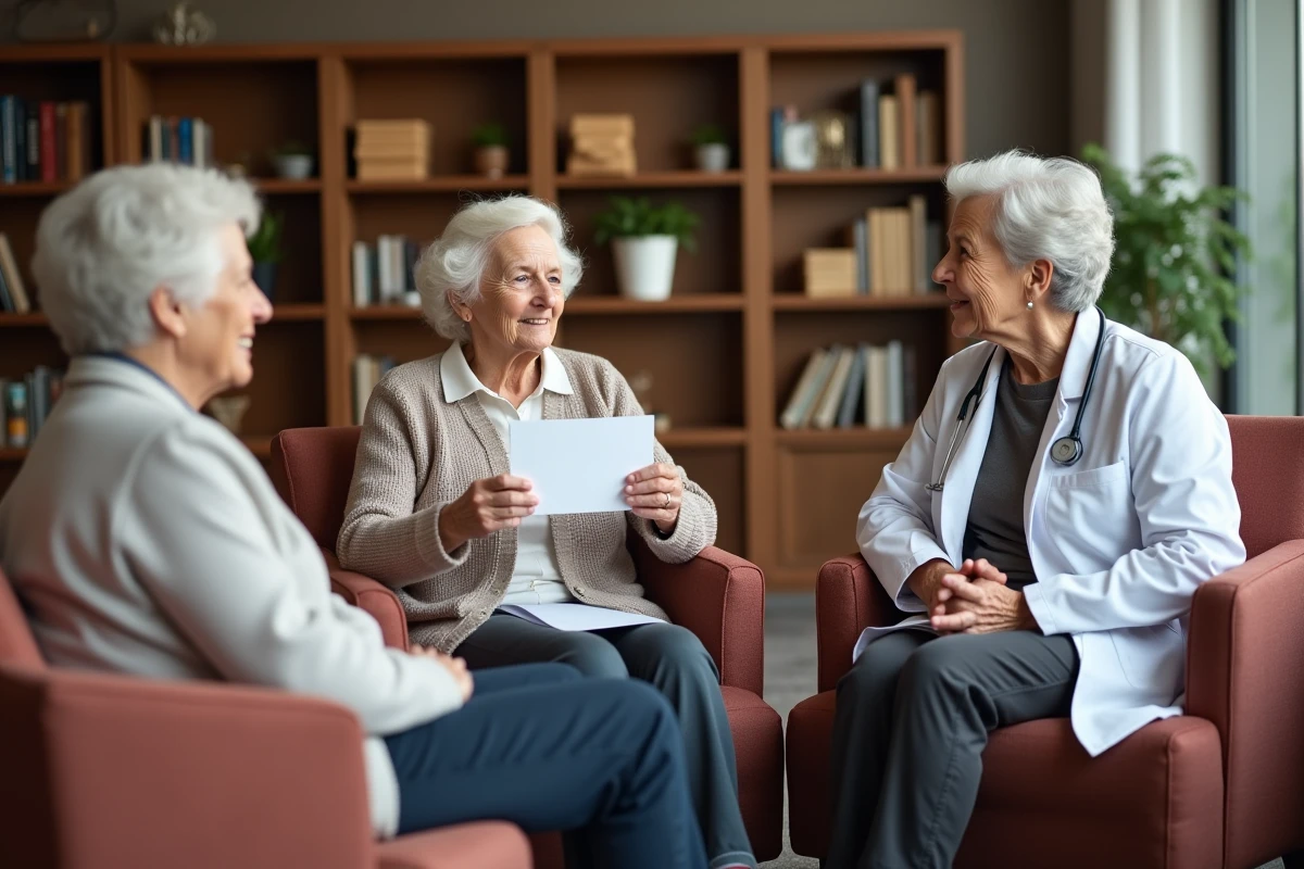 Discussion entre deux femmes âgées et une médecin en EHPAD