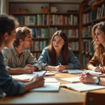 Groupe de personnes discutant autour de livres dans une bibliothèque