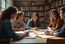 Groupe de personnes discutant autour de livres dans une bibliothèque
