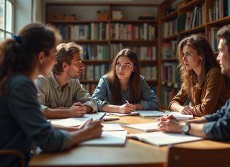 Groupe de personnes discutant autour de livres dans une bibliothèque