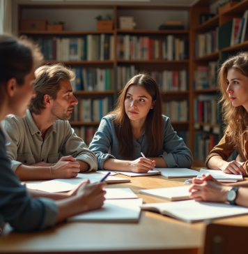 Groupe de personnes discutant autour de livres dans une bibliothèque