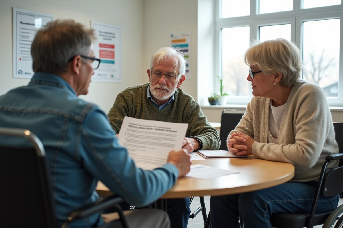 Groupe de personnes handicapées consultant une brochure sur les différences entre retraite invalidité et retraite travailleur handicapé