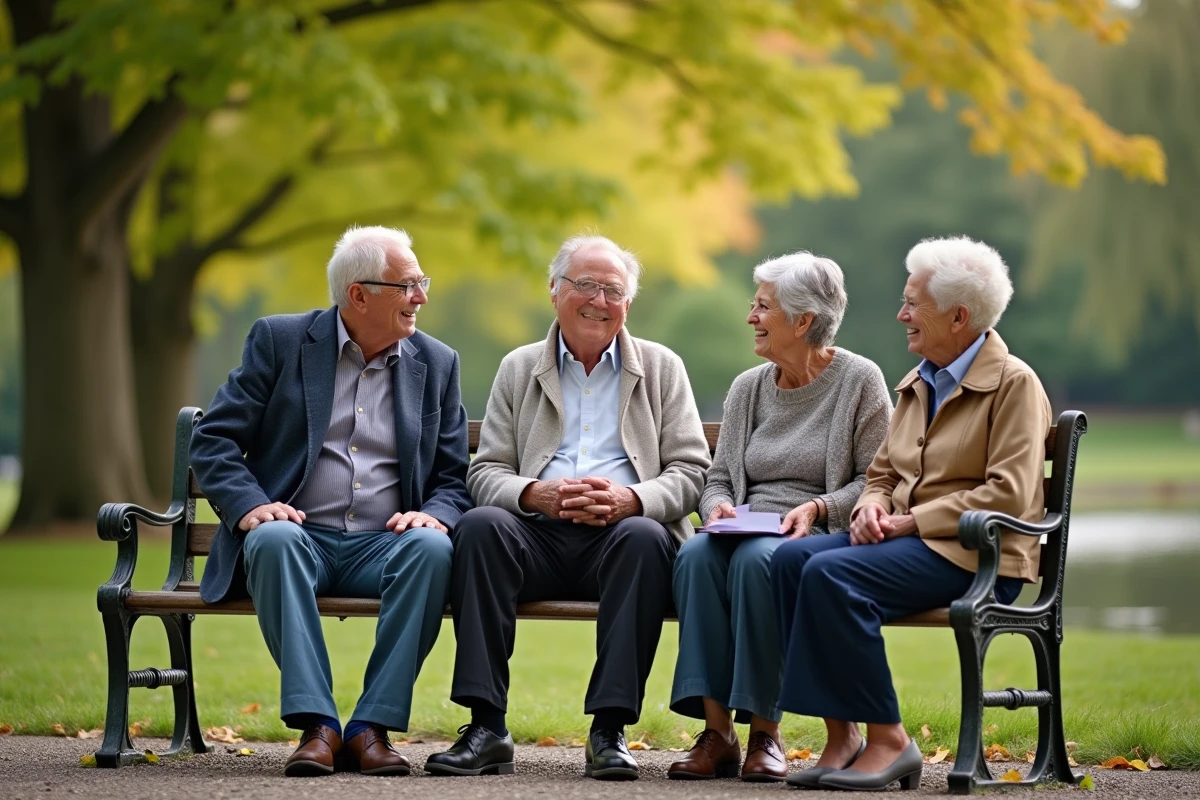 Groupe de retraités discutant sur un banc dans un parc en automne