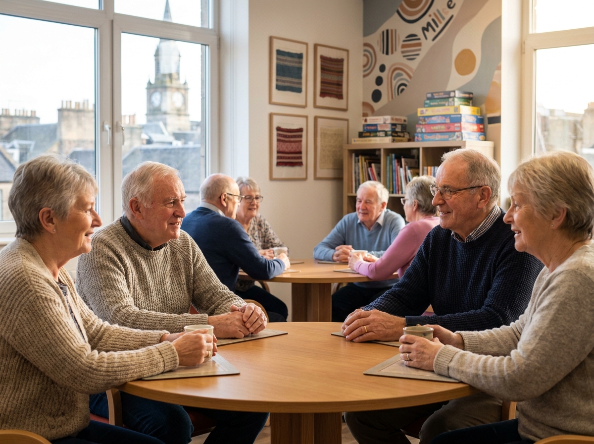 Groupe de seniors discutant dans salle d
