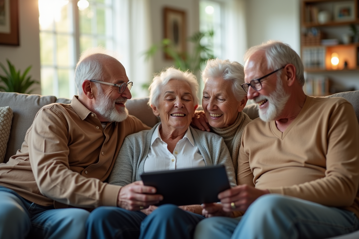 Groupe de seniors partageant des souvenirs avec une tablette