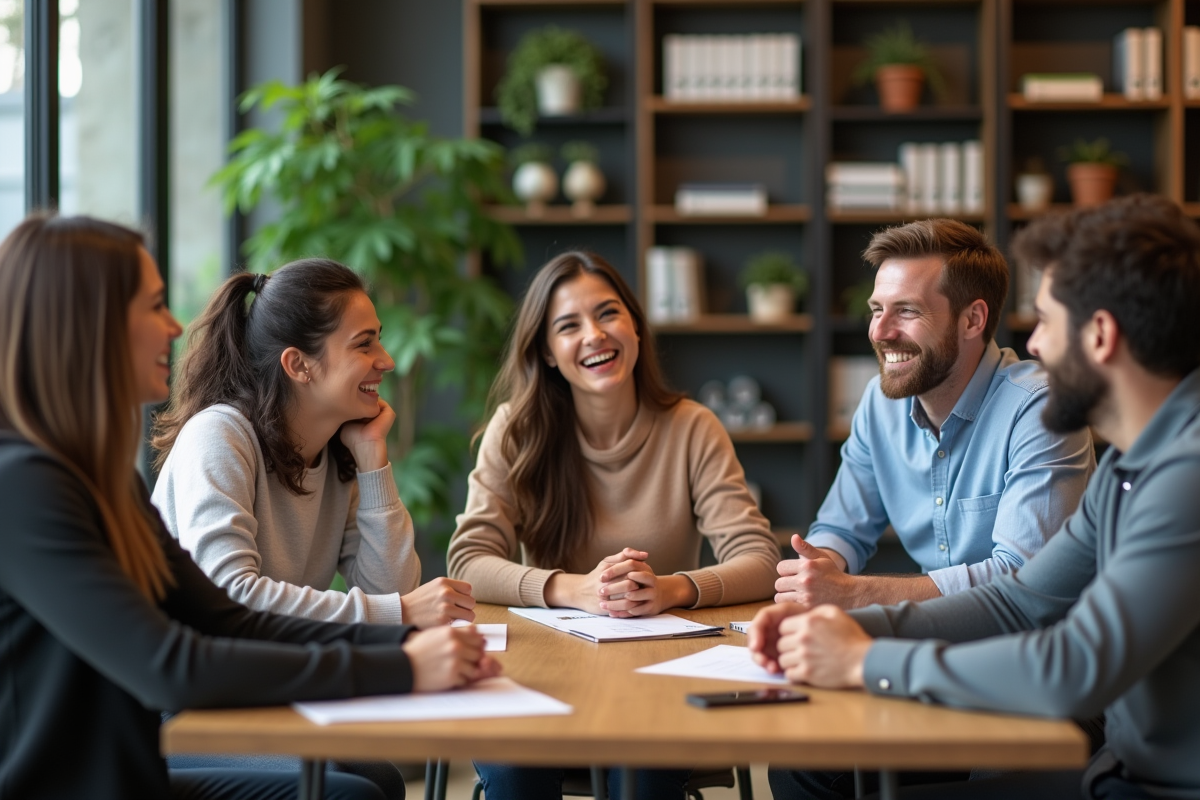 Groupe divers d'adultes discutant autour d'une table moderne