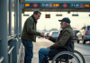 Péage autoroute handicapés : doivent-ils payer ? Explications et droits Homme en fauteuil donnant un ticket à un agent sur l'autoroute