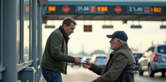 Péage autoroute handicapés : doivent-ils payer ? Explications et droits Homme en fauteuil donnant un ticket à un agent sur l'autoroute