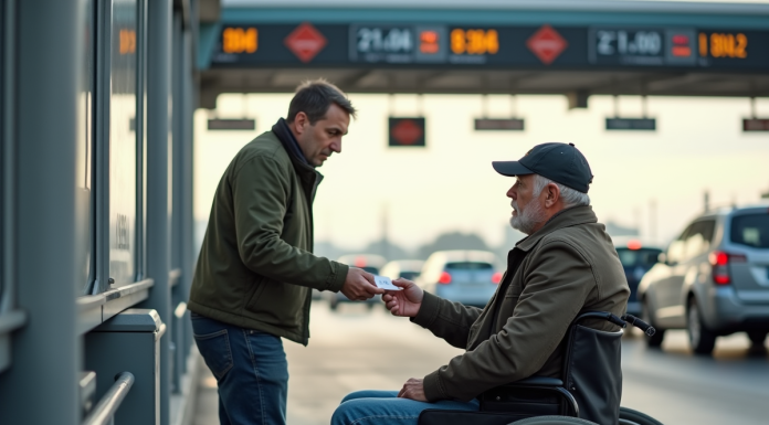 Péage autoroute handicapés : doivent-ils payer ? Explications et droits Homme en fauteuil donnant un ticket à un agent sur l'autoroute