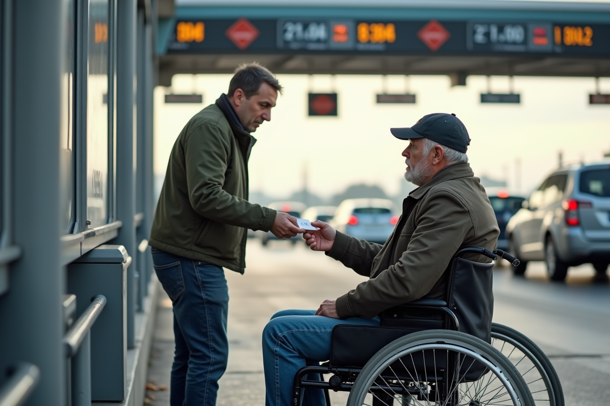 Homme en fauteuil donnant un ticket à un agent sur l'autoroute