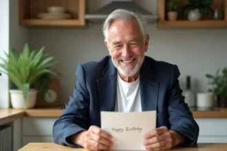 Homme de 70 ans souriant en lisant une carte d'anniversaire dans une cuisine moderne au style scandinave