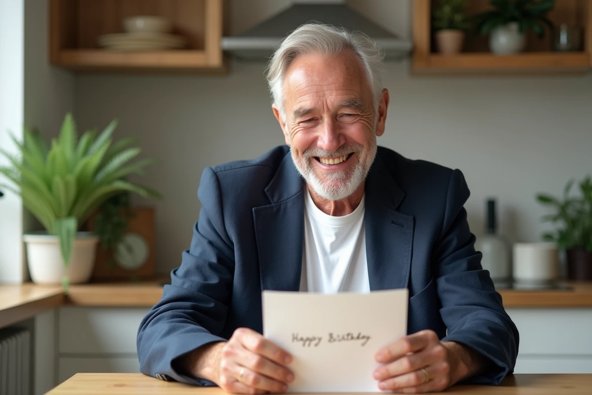 Homme de 70 ans souriant en lisant une carte d'anniversaire dans une cuisine moderne au style scandinave